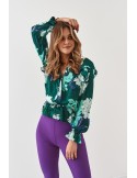 Casual envelope blouse with plant motifs, dark green 20250 - Online store - Boutique